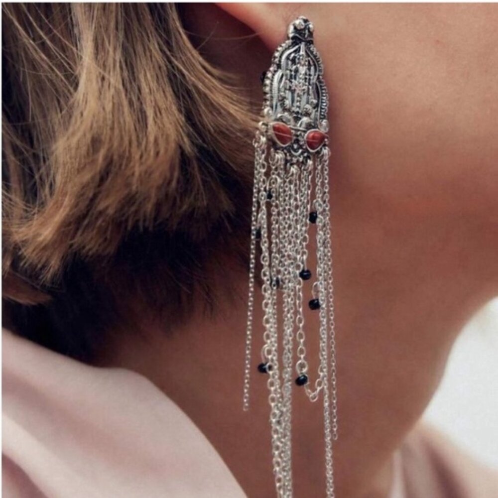 New! Silver Boho Tassel Chain Drop Earrings NWOT